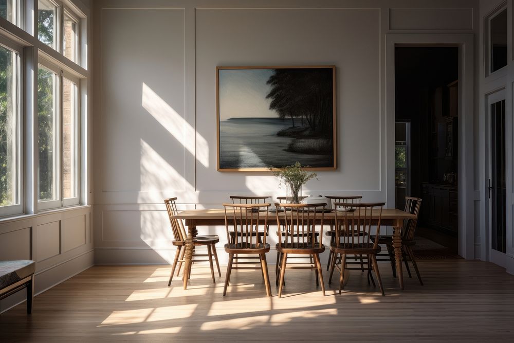 Minimalistic dining room architecture furniture flooring.