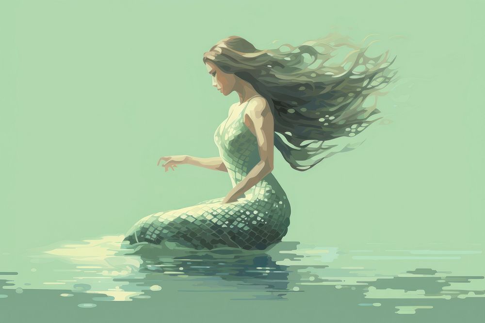 Digital paint of mermaid adult sea underwater.