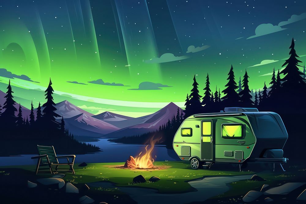 Aurora camping landscape outdoors vehicle.