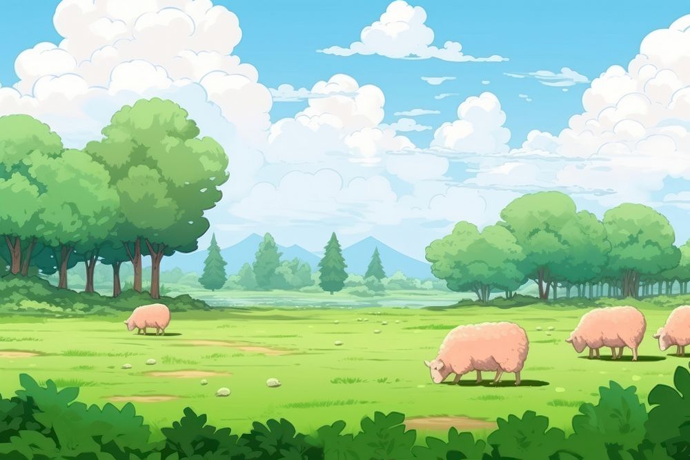 Countryside with sheeps landscape grassland outdoors.