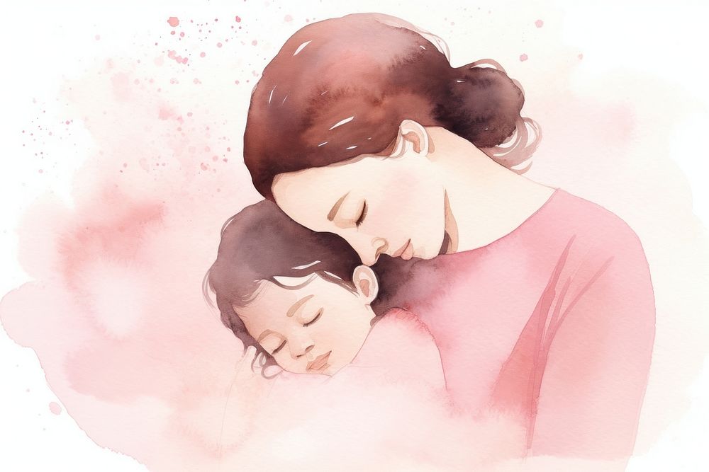 Watercolor of mother and kid kissing pink affectionate.