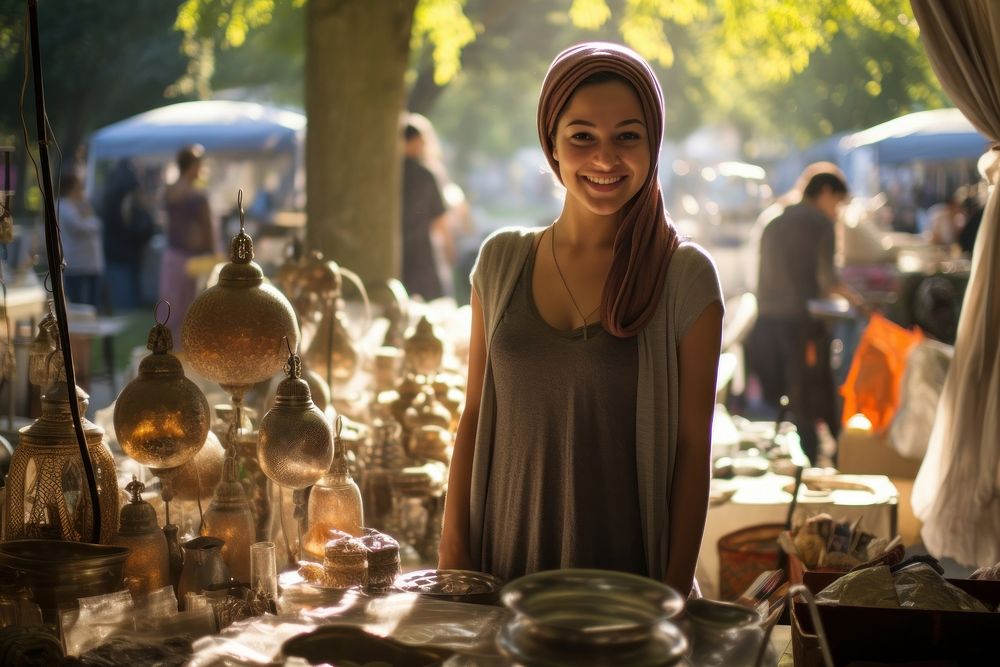 Iranian woman in flee market at park adult smile happy.