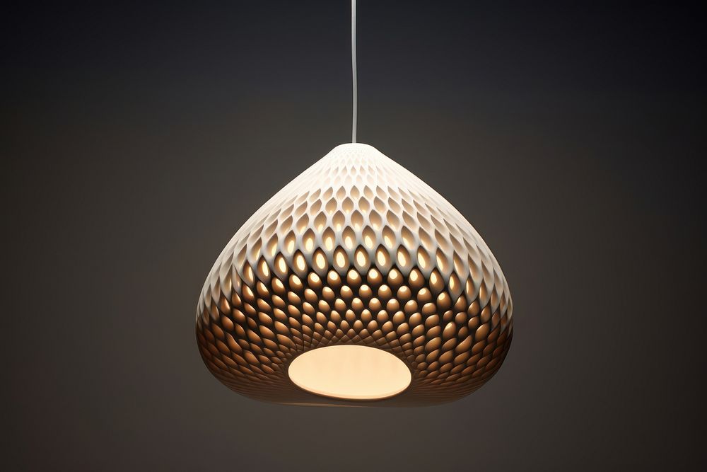 Modern 3d printed hanging lamp chandelier lampshade illuminated.