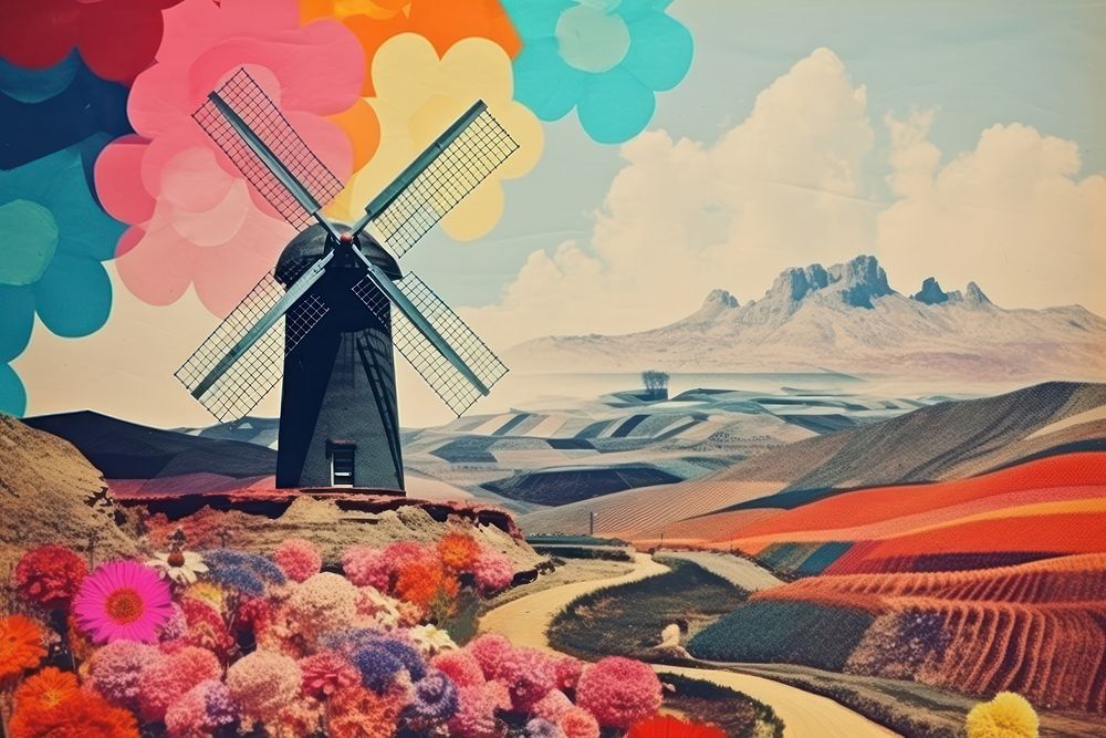 Collage Retro dreamy windmill landscape outdoors art agriculture.