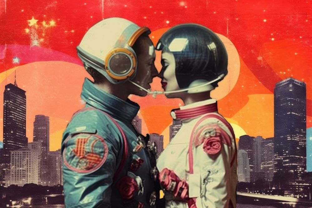 Collage Retro dreamy astronaut couple in futuristic city helmet adult architecture.
