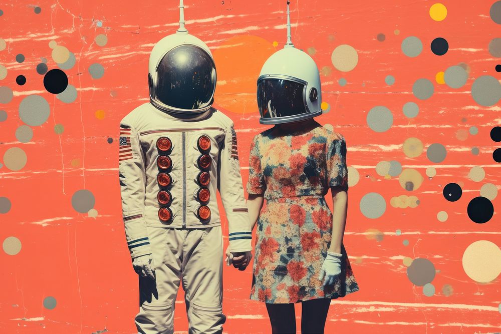Collage Retro dreamy astronaut couple in futuristic city adult togetherness standing.