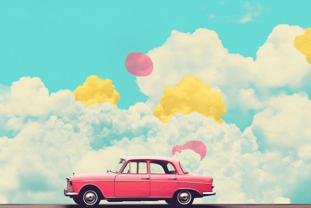 Collage Retro dreamy car on road outdoors vehicle balloon.