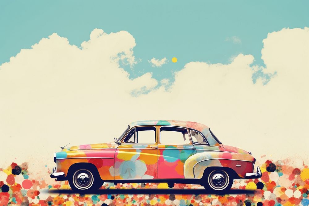 Collage Retro dreamy car on road painting vehicle art.
