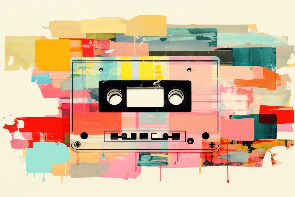Collage Retro dreamy cassette tape electronics art transportation.