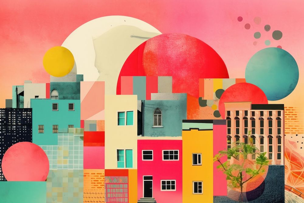 Collage Retro dreamy cityspace art painting collage.