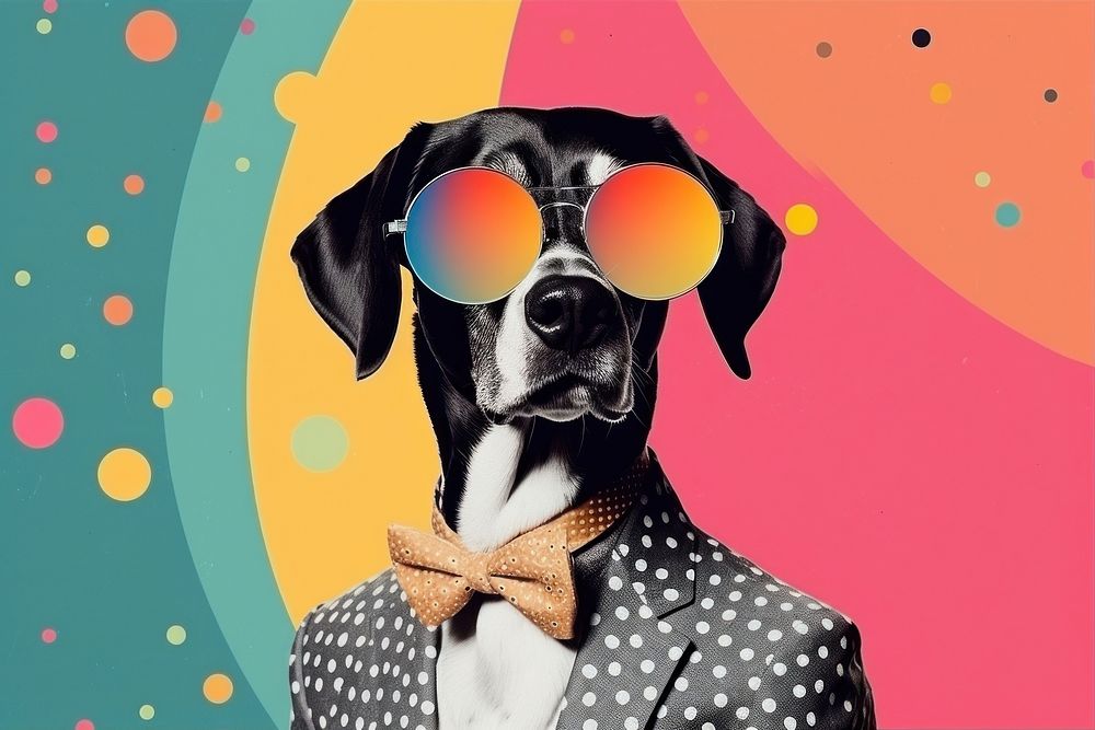 Collage Retro dreamy dog sunglasses portrait mammal.