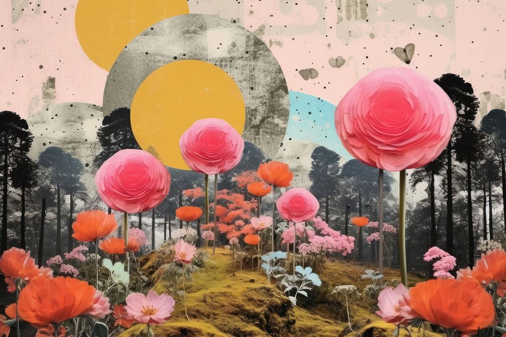 Collage Retro dreamy forest with flowers art outdoors painting.