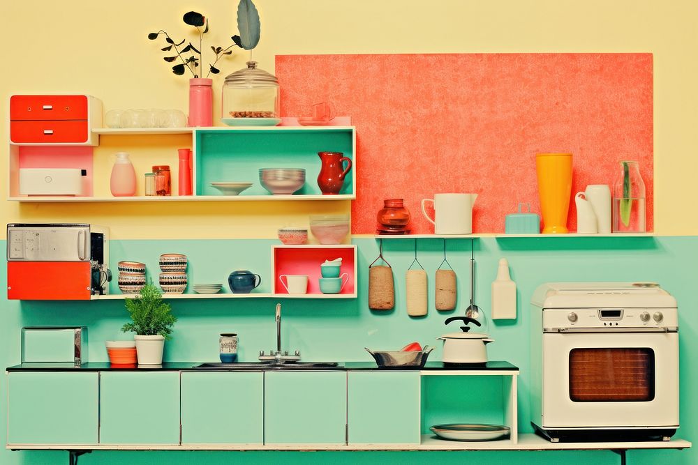 Collage Retro dreamy kitchen furniture appliance cabinet.