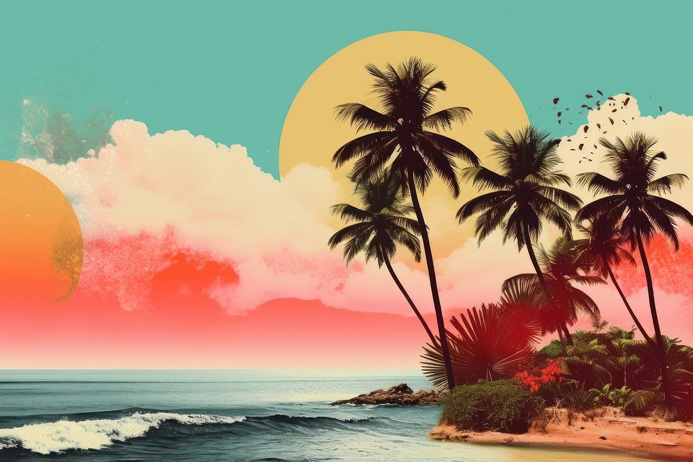 Collage Retro dreamy of tropical beach outdoors tropics nature.