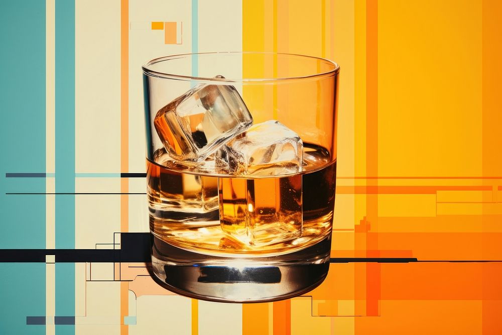 Collage Retro dreamy of whiskey drink with pastel bars whisky glass refreshment.