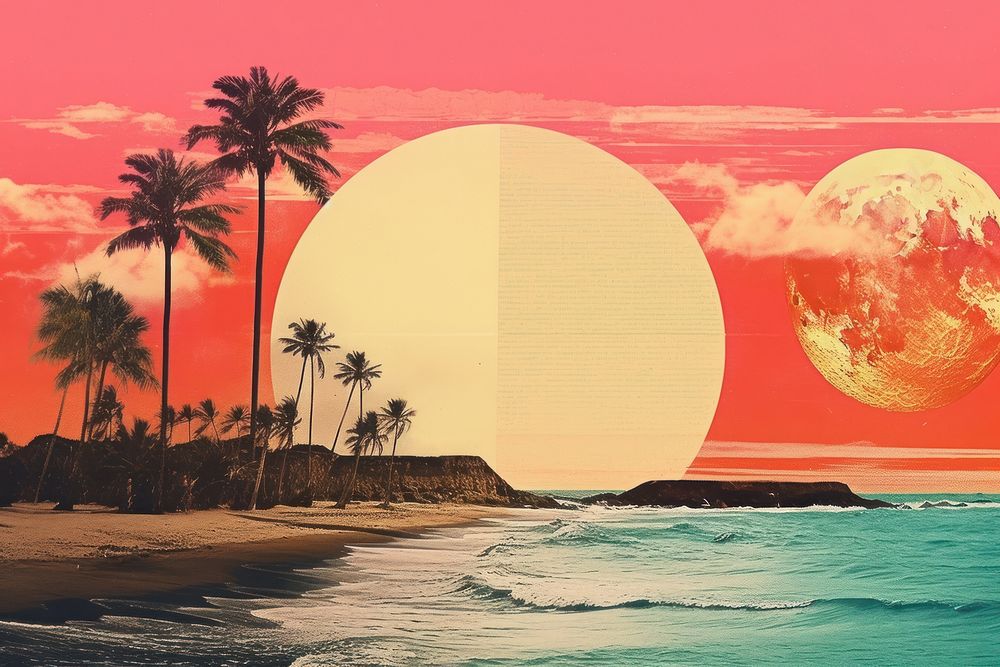 Collage Retro dreamy of beach sunset outdoors nature plant.