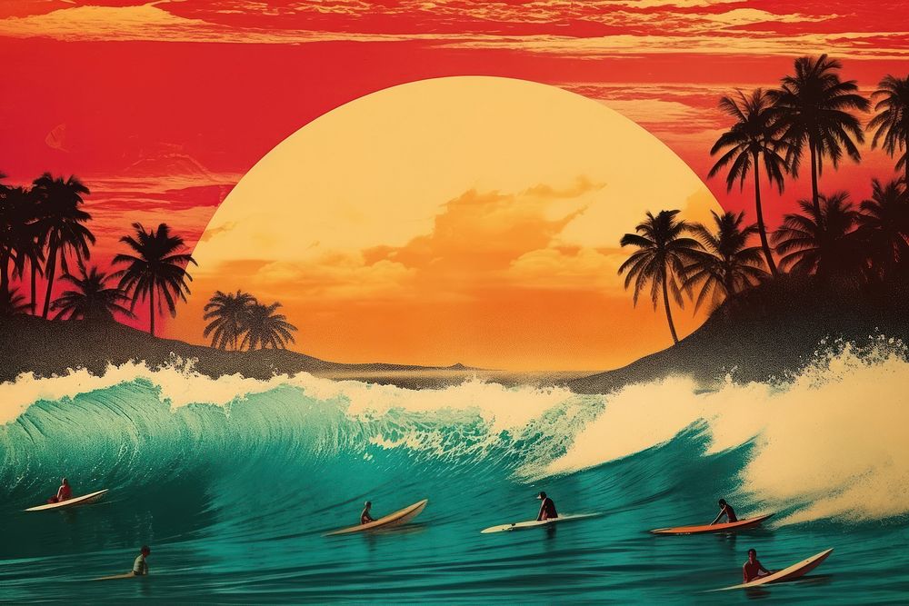 Collage Retro dreamy of hawaiian surfers riding the waves outdoors nature ocean.