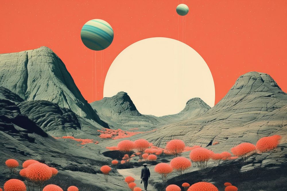 Collage Retro dreamy of mars astronomy mountain outdoors.