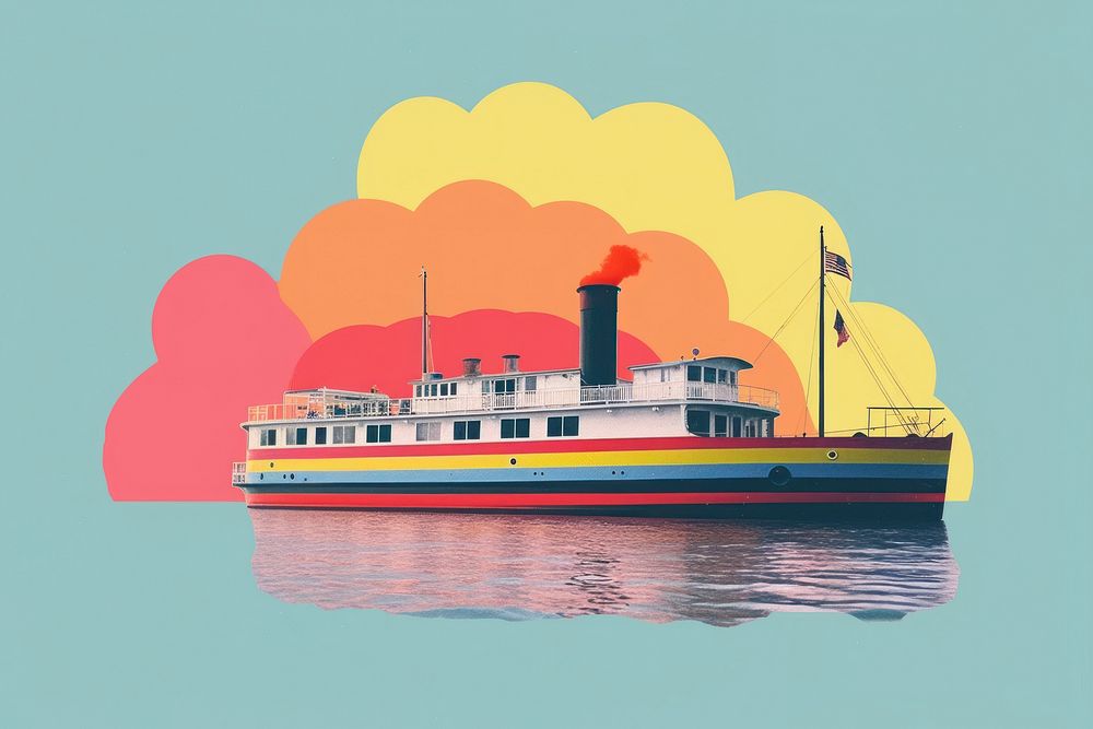 Collage Retro dreamy of riverboat watercraft vehicle ferry.