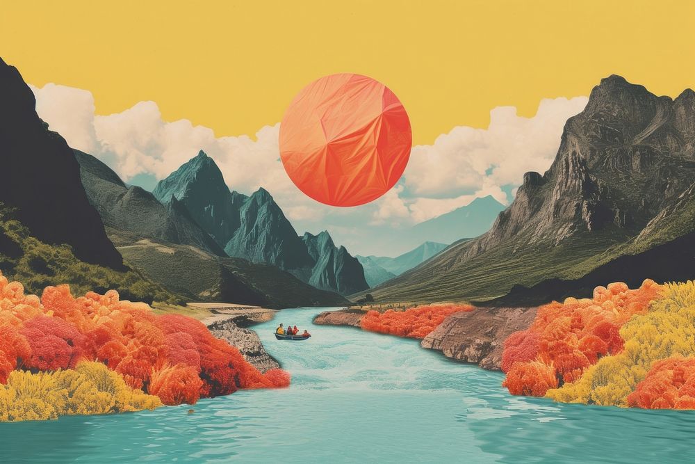 Collage Retro dreamy of sunny river surreal landscape mountain outdoors.