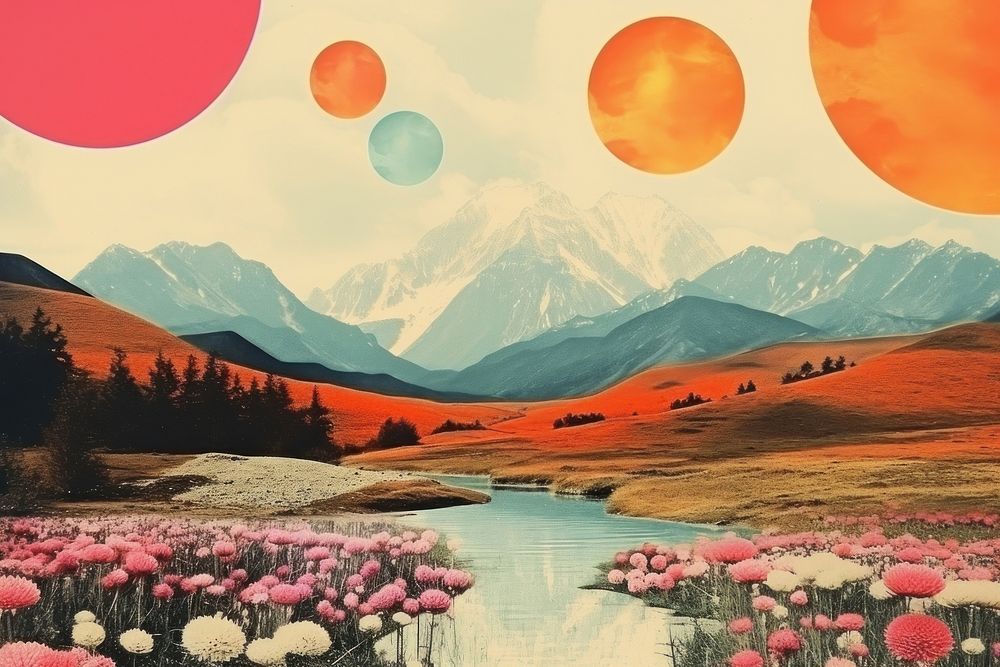 Collage Retro dreamy of sunny river surreal art landscape outdoors.