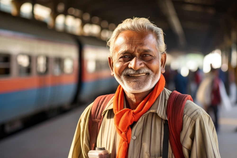 Elderly South Asian man train portrait vehicle.