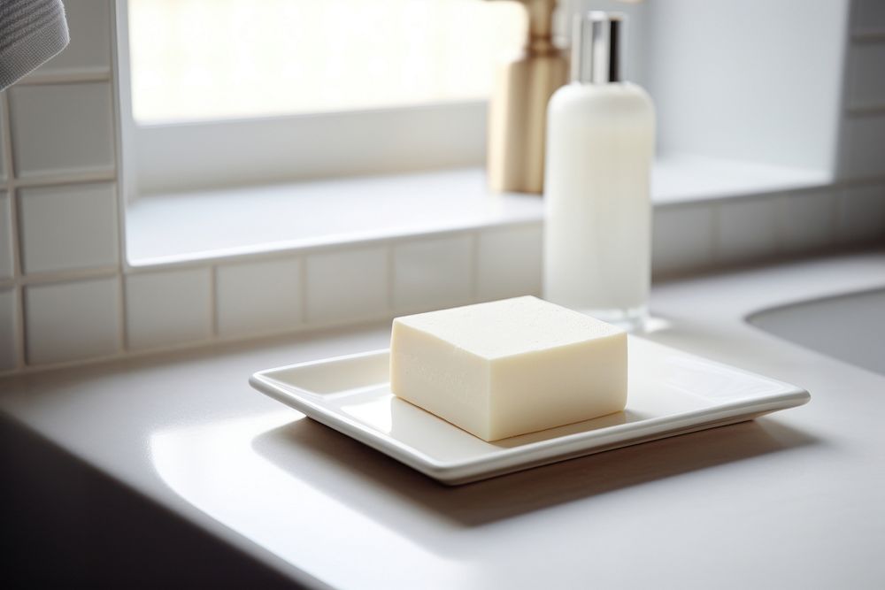 Soap sitting on a white dish in a bathroom food parmigiano-reggiano simplicity. AI generated Image by rawpixel.