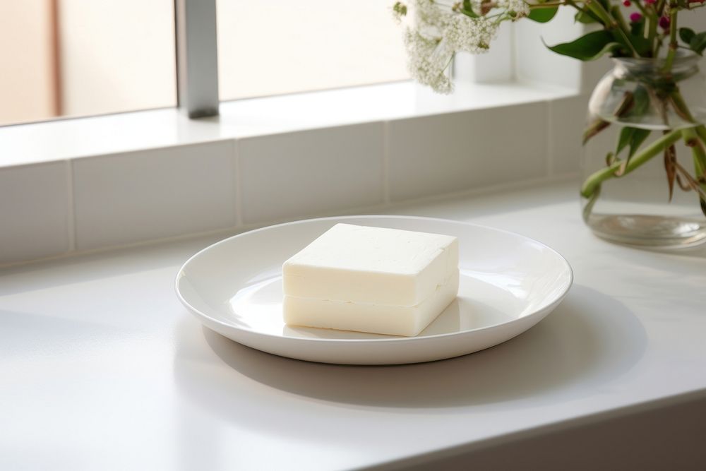 Soap sitting on a white dish in a bathroom plate food simplicity. AI generated Image by rawpixel.