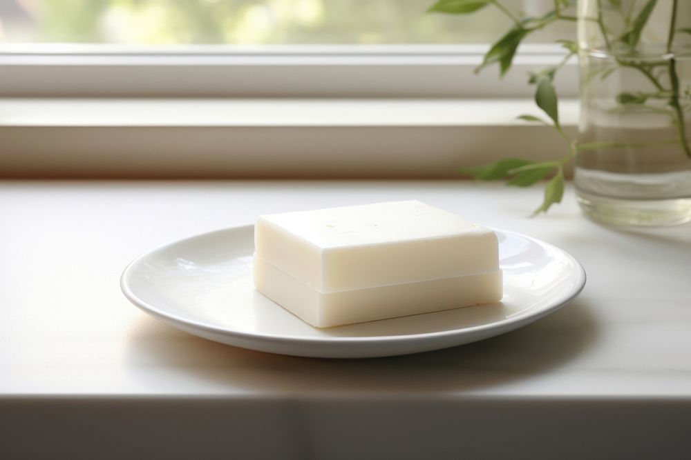 Soap sitting on a white dish in a bathroom food simplicity windowsill. AI generated Image by rawpixel.