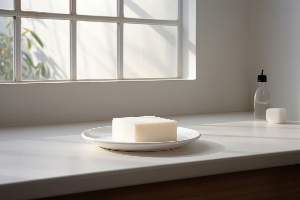 Soap sitting on a white dish in a bathroom table plate food. AI generated Image by rawpixel.