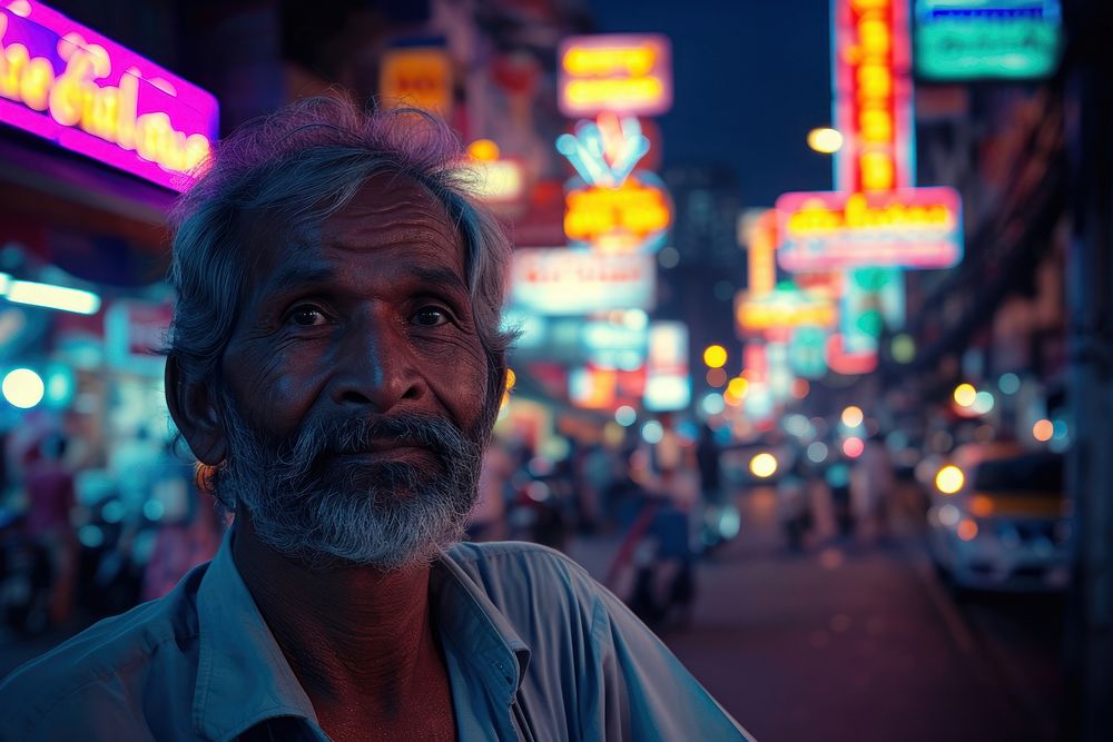 Indian man night photography nightlife.