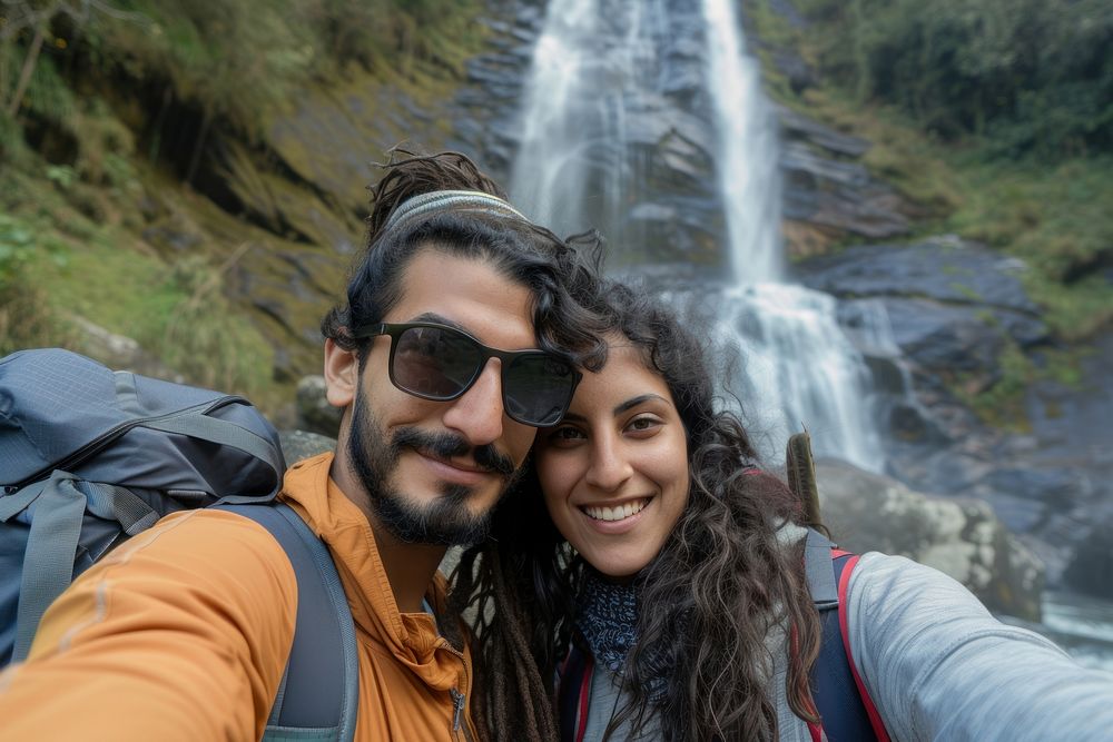 Indian couple waterfall selfie photography.