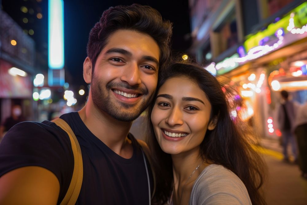 Indian couple selfie travel smile.