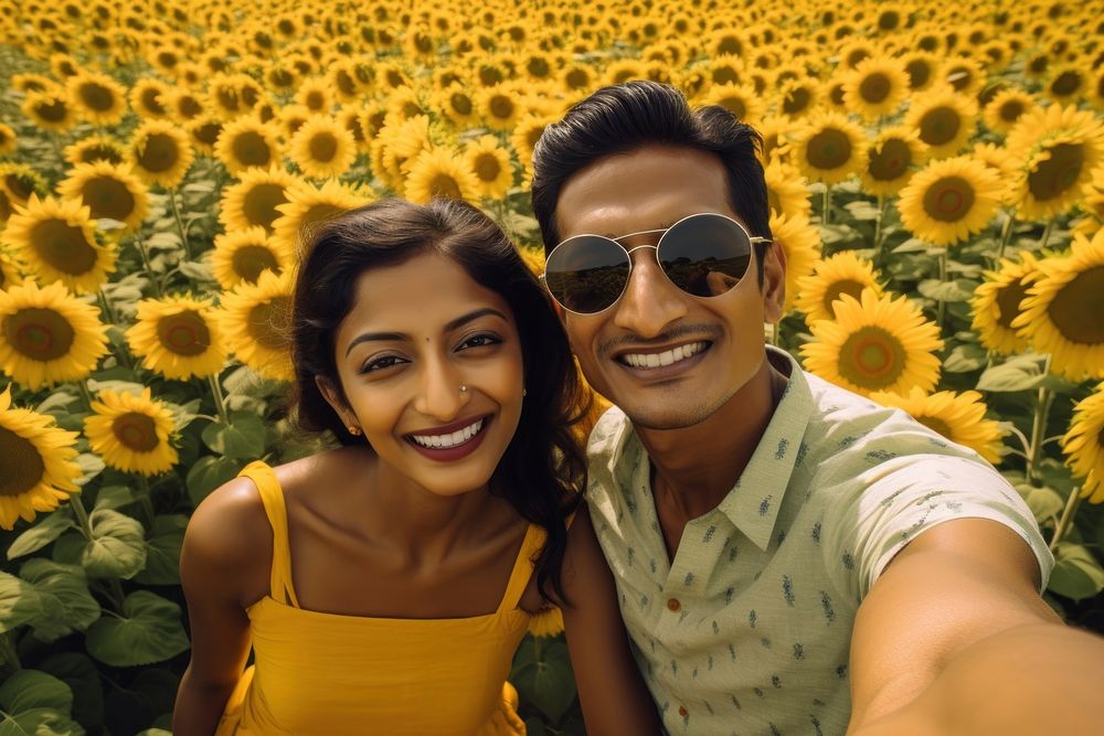 Indian couple sunflower selfie photography.