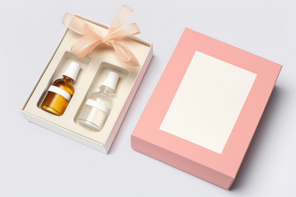 Perfume gift set box cosmetics bottle white background.