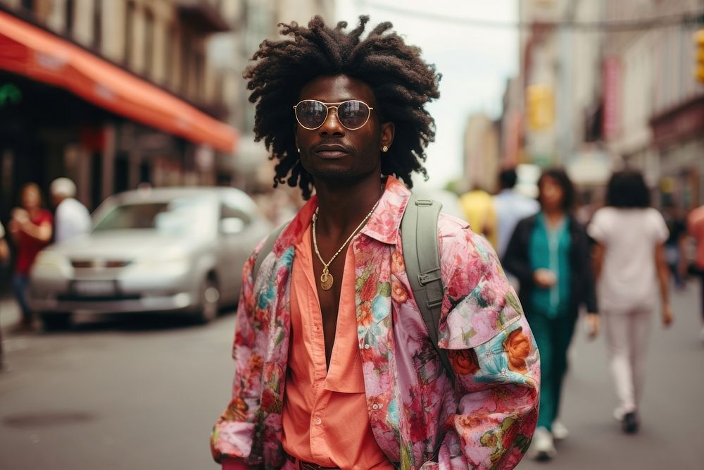 Young American African man portrait glasses walking.
