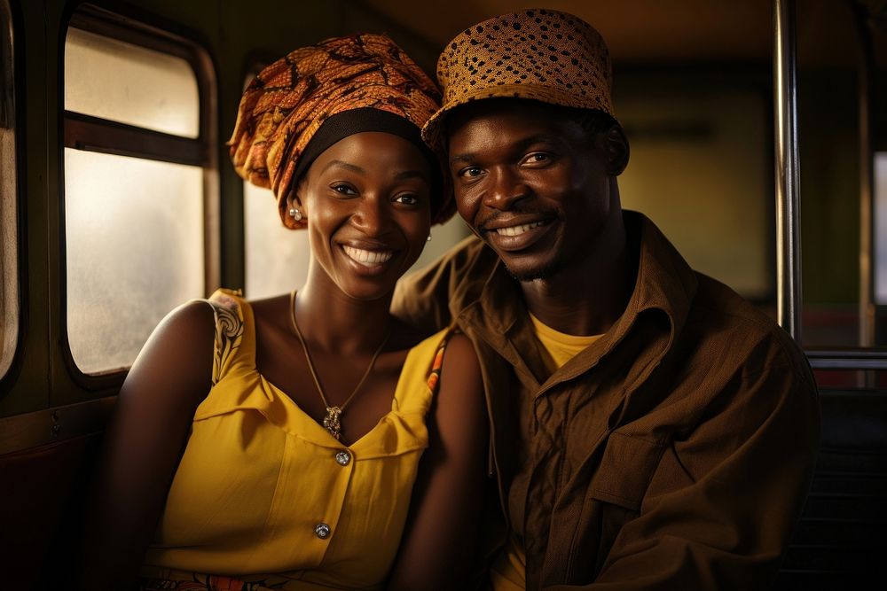 African mid-ages couple standing in bus photography portrait adult.