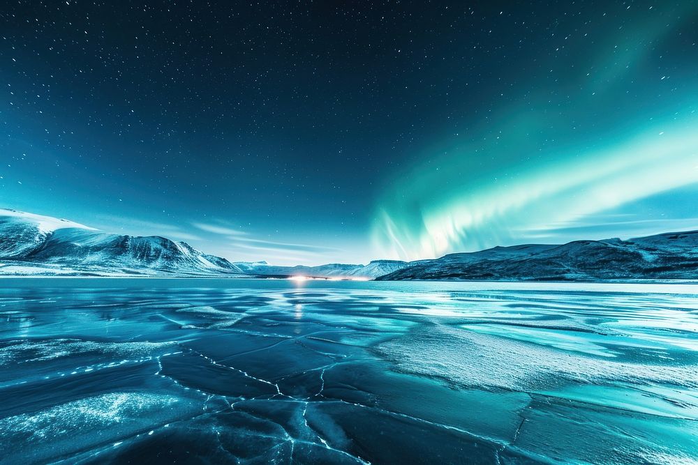 Aurora borealis illuminating the sky over a frozen lake landscape outdoors nature.