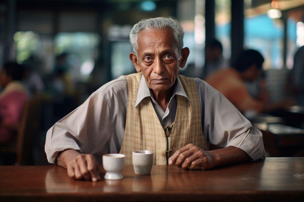 Elderly Indian Male portrait coffee drink.