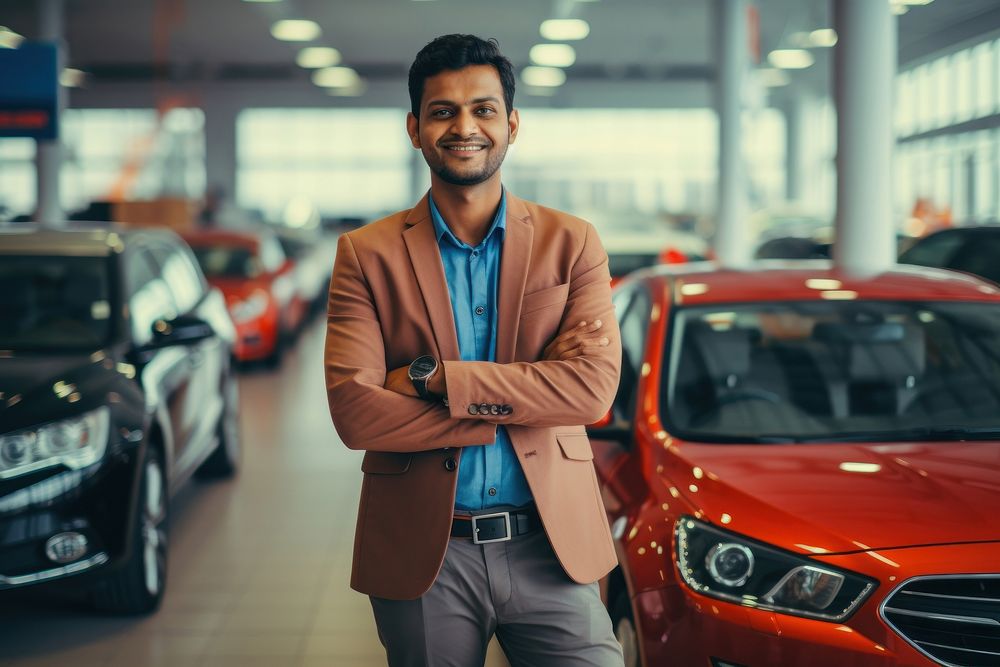 Happy Bangladeshi car dealer standing showroom vehicle.