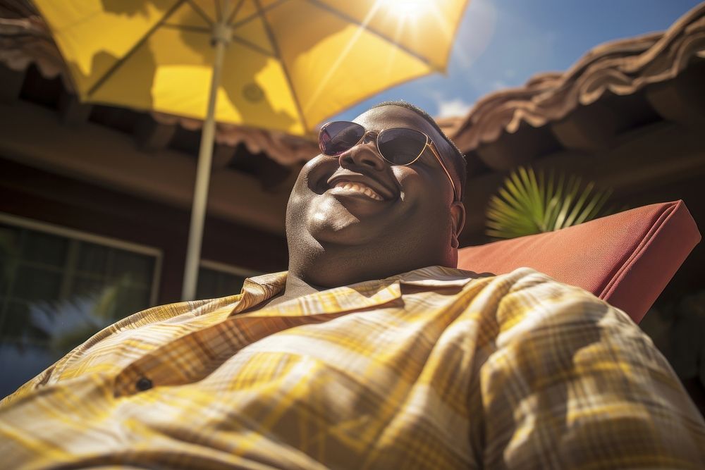 Happy fat black man sunglasses portrait summer.