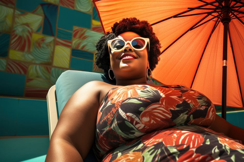 Happy fat black women summer sunglasses portrait.