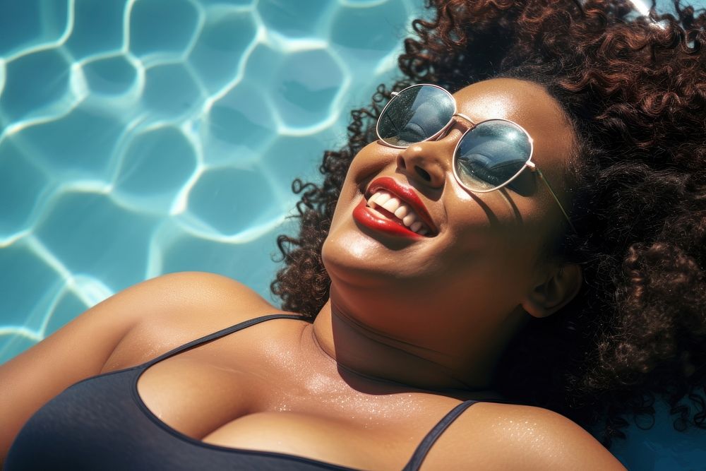 Happy fat black women sunglasses swimming portrait.