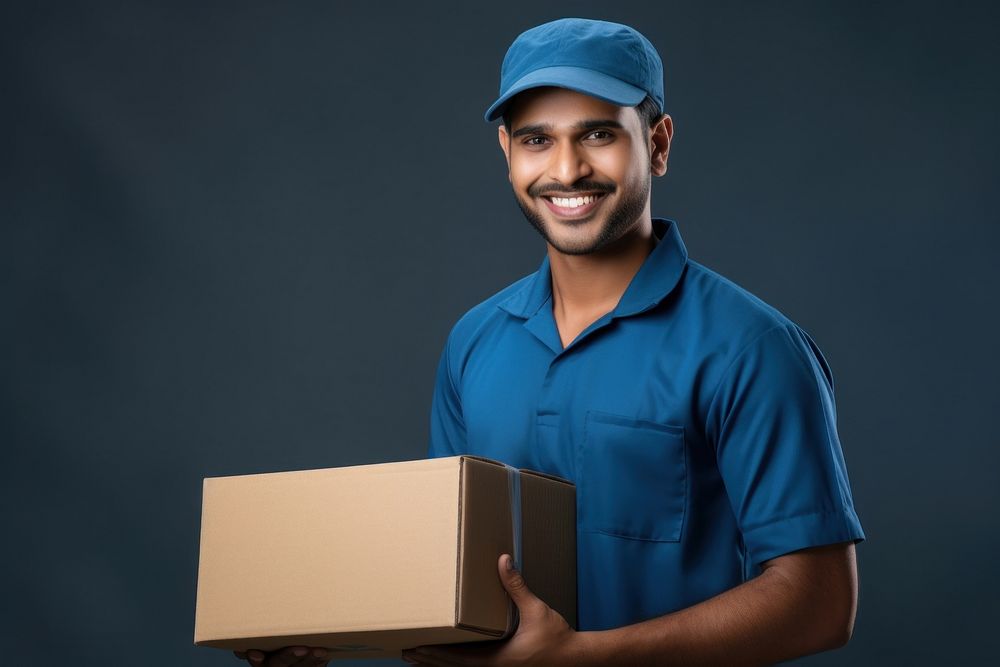 Happy indian delivery man box cardboard holding.