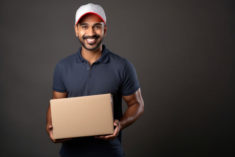 Happy indian delivery man cardboard adult men.