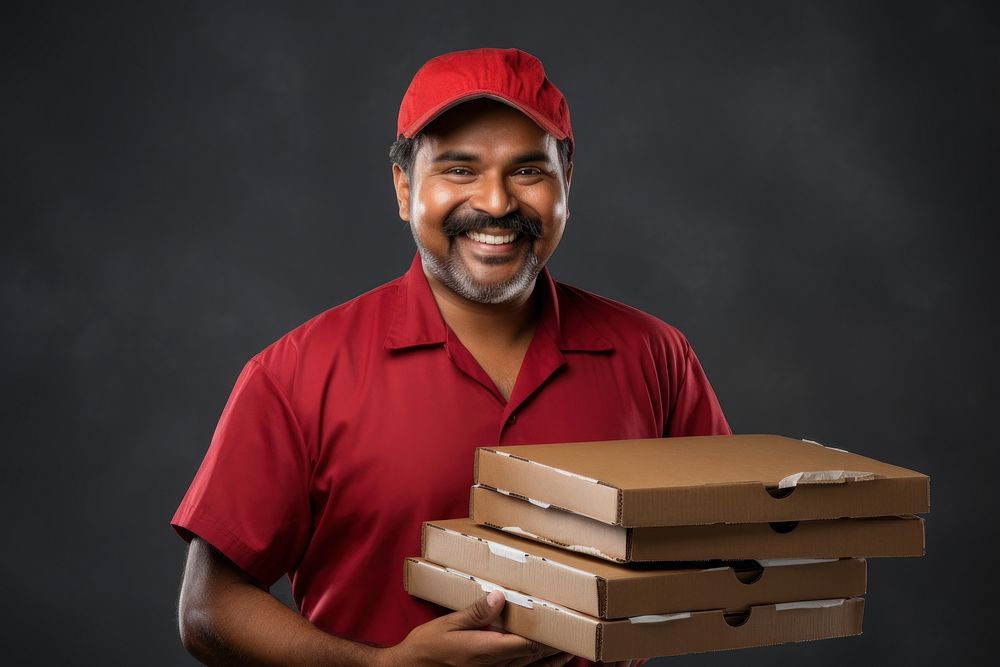 Happy indian delivery man box cardboard adult.