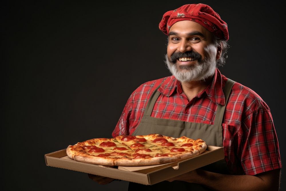 Happy indian delivery man pizza adult food.