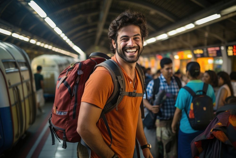 South Asian bringing many backpack train adult smile.