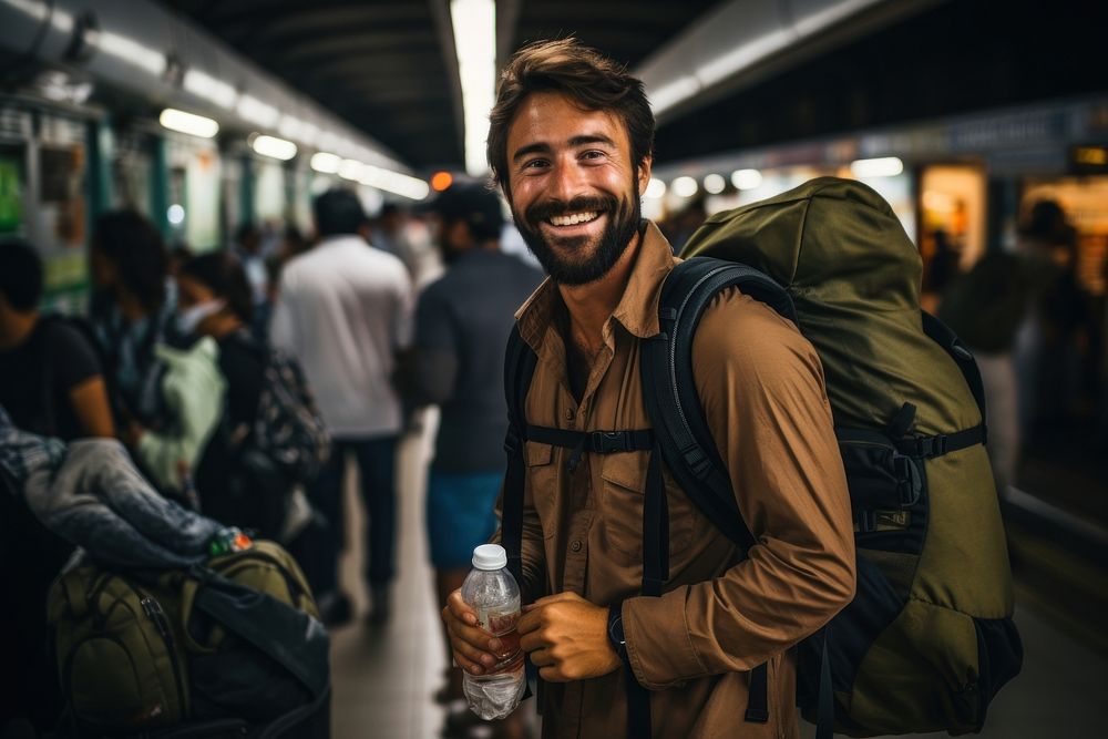 South Asian bringing many backpack adult smile train.