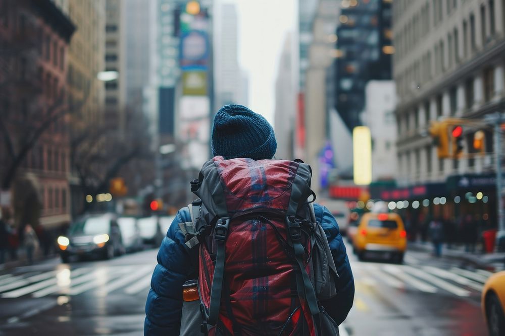 Indian backpacker walking travel city.